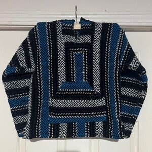 Vintage 90s Baja Hoodie Sweater – Blue Black Woven Herringbone – Youth/Small